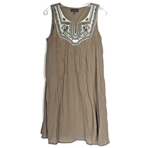 Luxology Dress 10 Khaki Sleeveless Embroidered Retro Hippie Boho Summer Shift